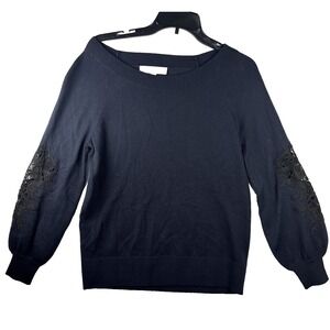 Ann Taylor LOFT Womens Large Navy Sweater Black Long Sleeve Lace